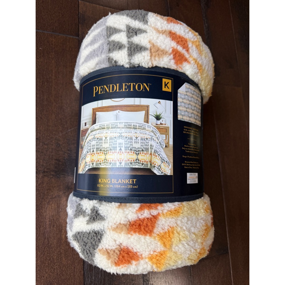 Pendleton Manta King Sherpa Blanket 112x92 Geometric Southwest Grey Orange NEW
